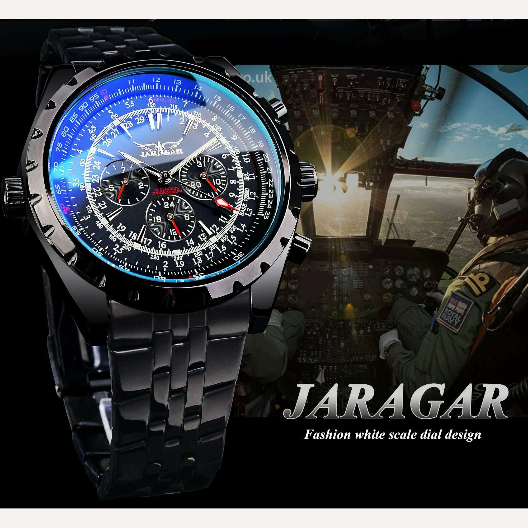 KIMLUD, Jaragar 3 Dial Men's Automatic Watch Stainless Steel Mechanical Men's watches Date Week Display Luminous Wristwatch Blue Glass, KIMLUD Womens Clothes