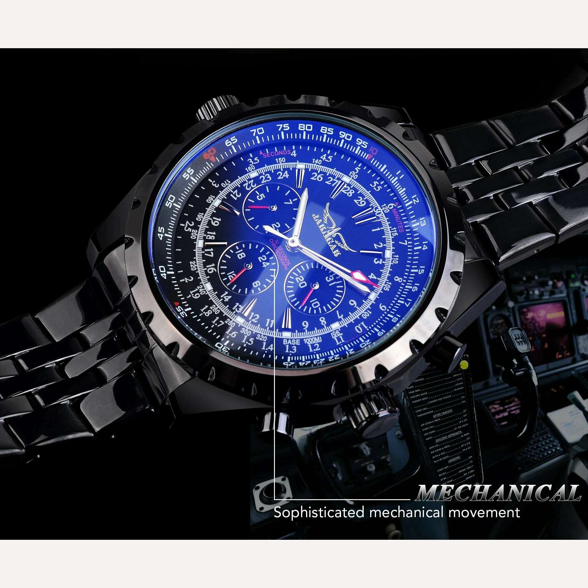 KIMLUD, Jaragar 3 Dial Men's Automatic Watch Stainless Steel Mechanical Men's watches Date Week Display Luminous Wristwatch Blue Glass, KIMLUD Womens Clothes