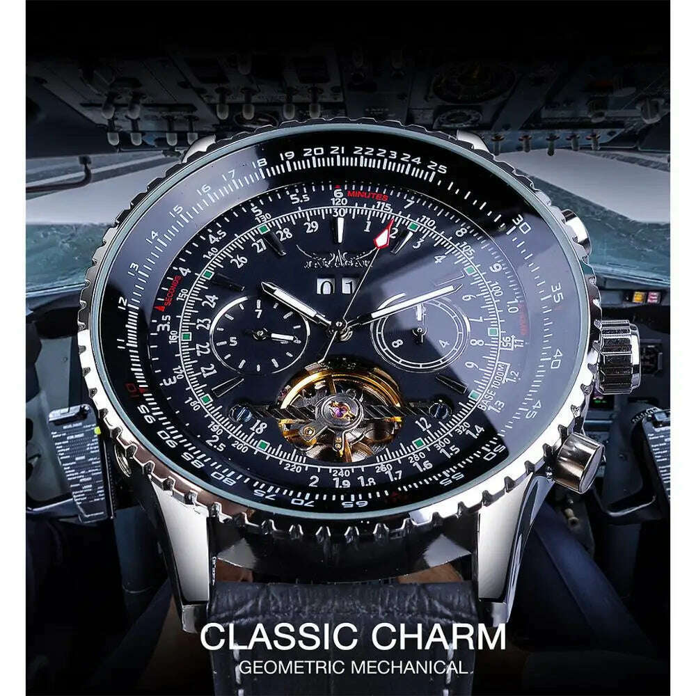 KIMLUD, Jaragar Automatic Men Watches Pilot Style Tourbillon Calendar Display Black Genuine Leather Band Business Sport Mechanical Clock, KIMLUD Womens Clothes