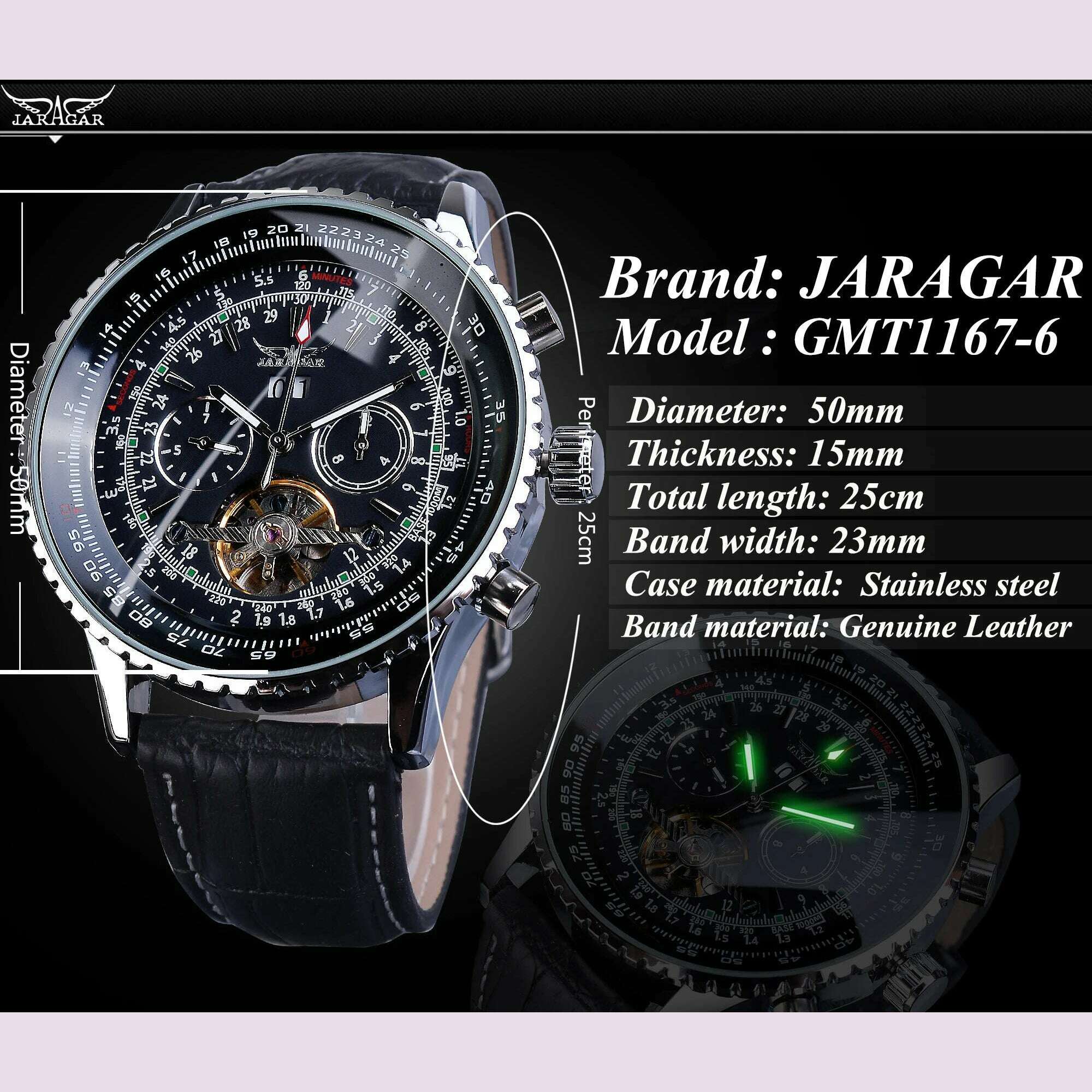 KIMLUD, Jaragar Automatic Men Watches Pilot Style Tourbillon Calendar Display Black Genuine Leather Band Business Sport Mechanical Clock, KIMLUD Womens Clothes