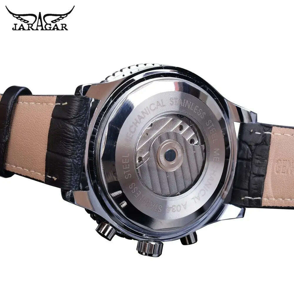 KIMLUD, Jaragar Automatic Men Watches Pilot Style Tourbillon Calendar Display Black Genuine Leather Band Business Sport Mechanical Clock, KIMLUD Womens Clothes