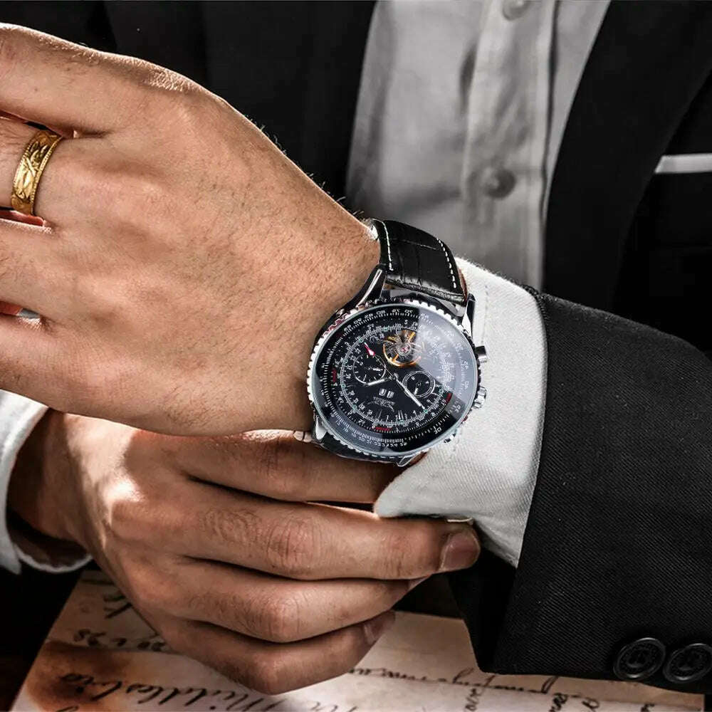 KIMLUD, Jaragar Automatic Men Watches Pilot Style Tourbillon Calendar Display Black Genuine Leather Band Business Sport Mechanical Clock, KIMLUD Womens Clothes