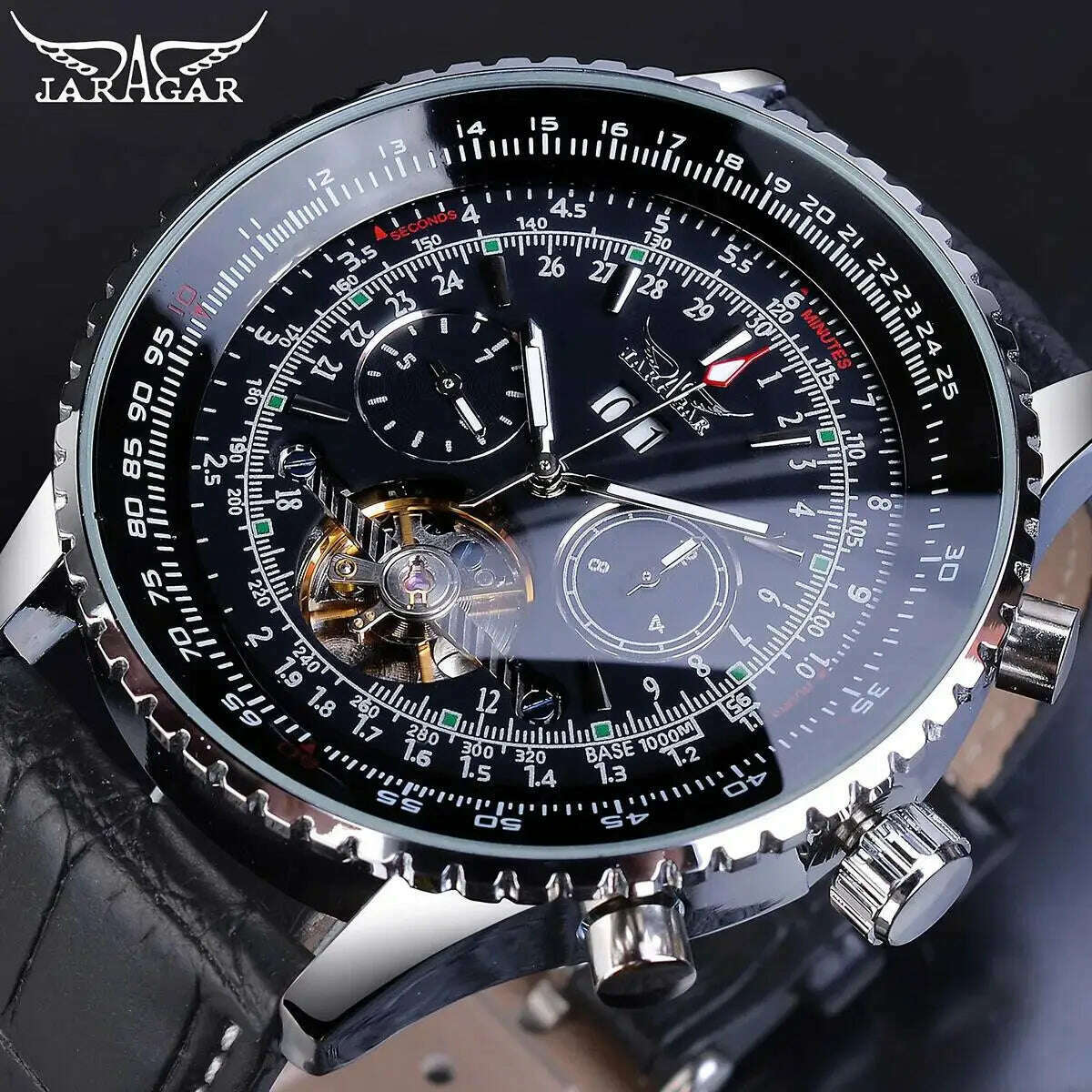 KIMLUD, Jaragar Automatic Men Watches Pilot Style Tourbillon Calendar Display Black Genuine Leather Band Business Sport Mechanical Clock, GMT1167-6Small, KIMLUD APPAREL - Womens Clothes