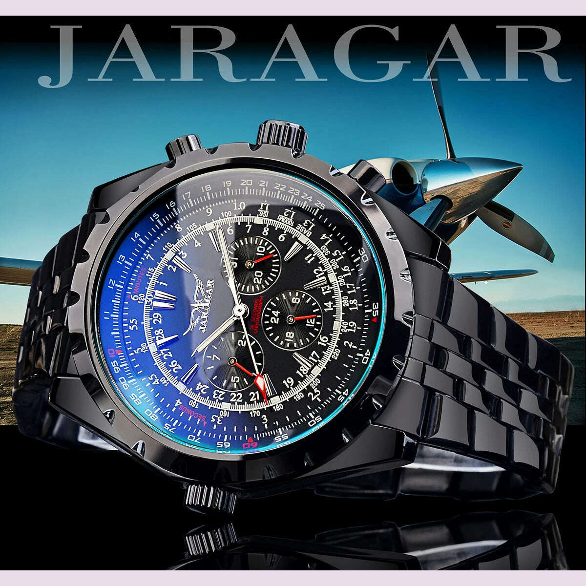 KIMLUD, Jaragar Blue Glass Design Black Silver Automatic Watch Stainless Steel Date Clock Luminous Men Business Mechanical Wristwatch, KIMLUD Womens Clothes