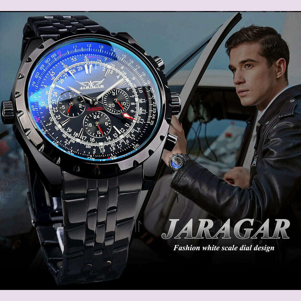 KIMLUD, Jaragar Blue Glass Design Black Silver Automatic Watch Stainless Steel Date Clock Luminous Men Business Mechanical Wristwatch, KIMLUD Womens Clothes