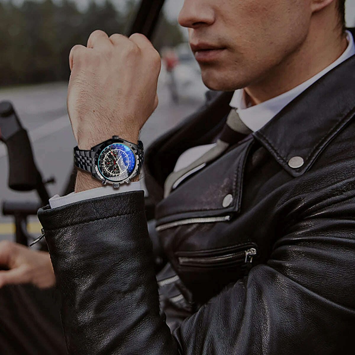 KIMLUD, Jaragar Blue Glass Design Black Silver Automatic Watch Stainless Steel Date Clock Luminous Men Business Mechanical Wristwatch, KIMLUD Womens Clothes