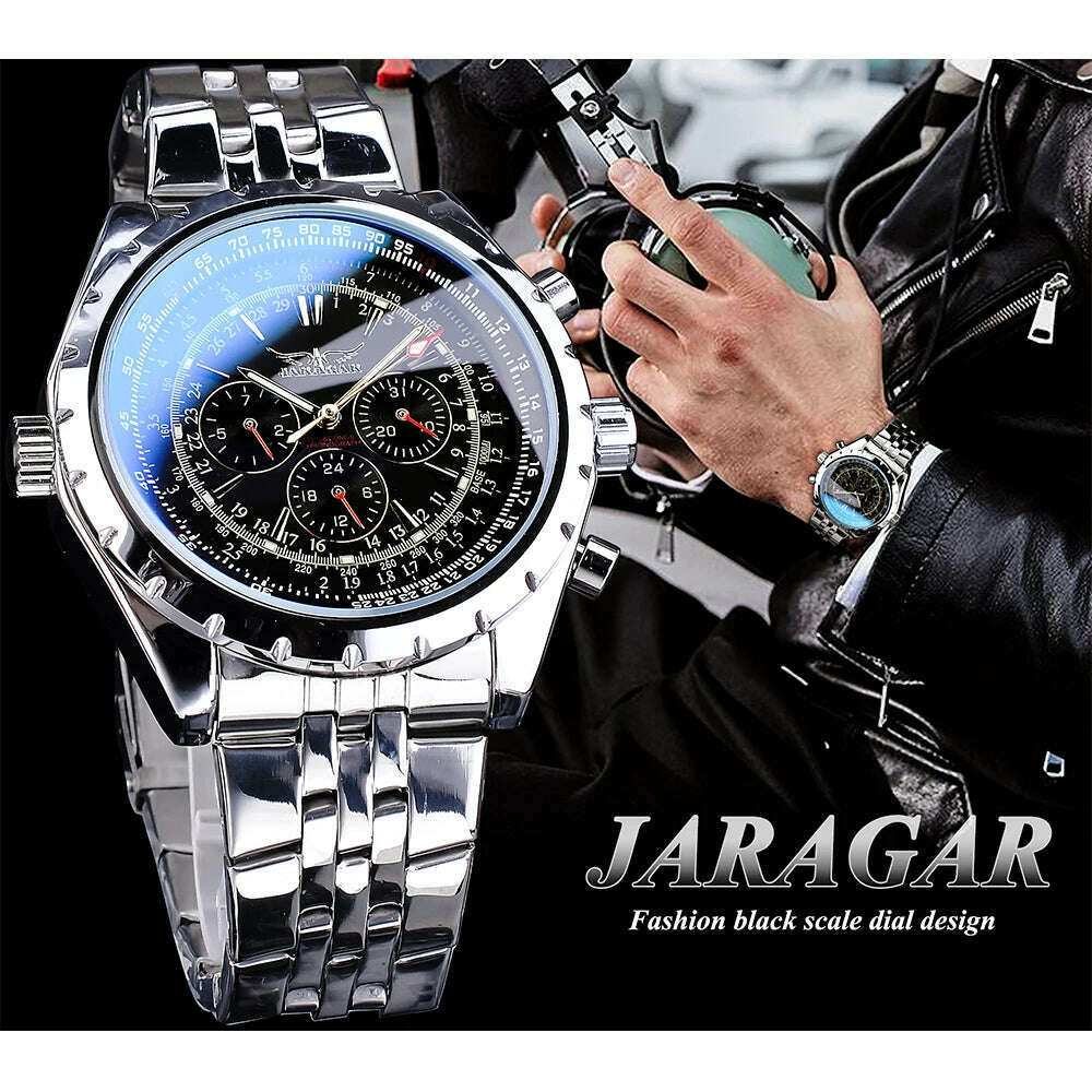 Jaragar Blue Glass Design Black Silver Automatic Watch Stainless Steel Date Clock Luminous Men Business Mechanical Wristwatch - KIMLUD