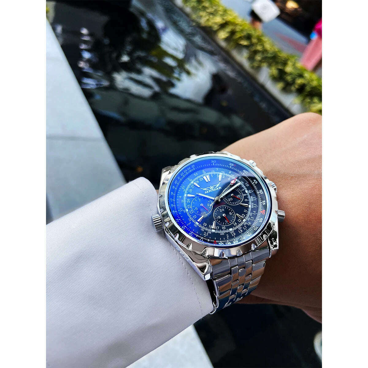 Jaragar Blue Glass Design Black Silver Automatic Watch Stainless Steel Date Clock Luminous Men Business Mechanical Wristwatch - KIMLUD