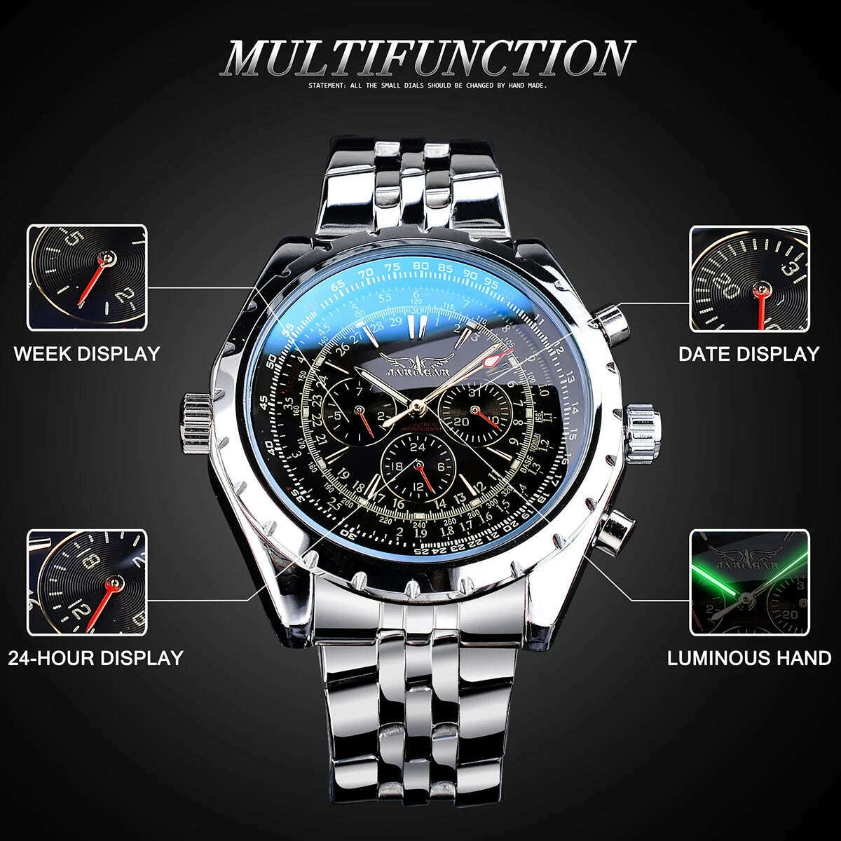 KIMLUD, Jaragar Blue Glass Design Black Silver Automatic Watch Stainless Steel Date Clock Luminous Men Business Mechanical Wristwatch, KIMLUD Womens Clothes