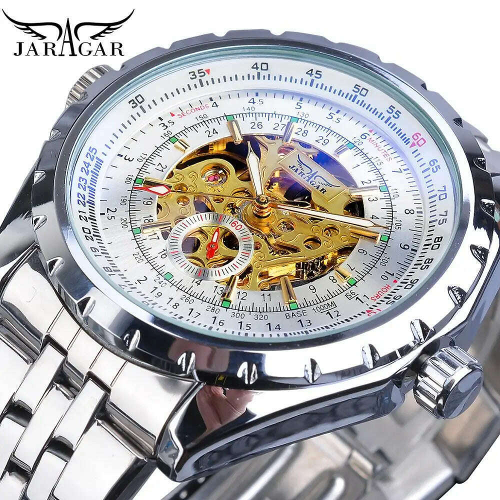 KIMLUD, Jaragar Brand Classic Automatic Mens Watch Relojes Hombre Silver Skeleton Steel Sport Business Mechanical Clock Watches Relogio, KIMLUD Womens Clothes