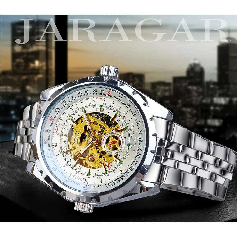 KIMLUD, Jaragar Brand Classic Automatic Mens Watch Relojes Hombre Silver Skeleton Steel Sport Business Mechanical Clock Watches Relogio, KIMLUD Womens Clothes