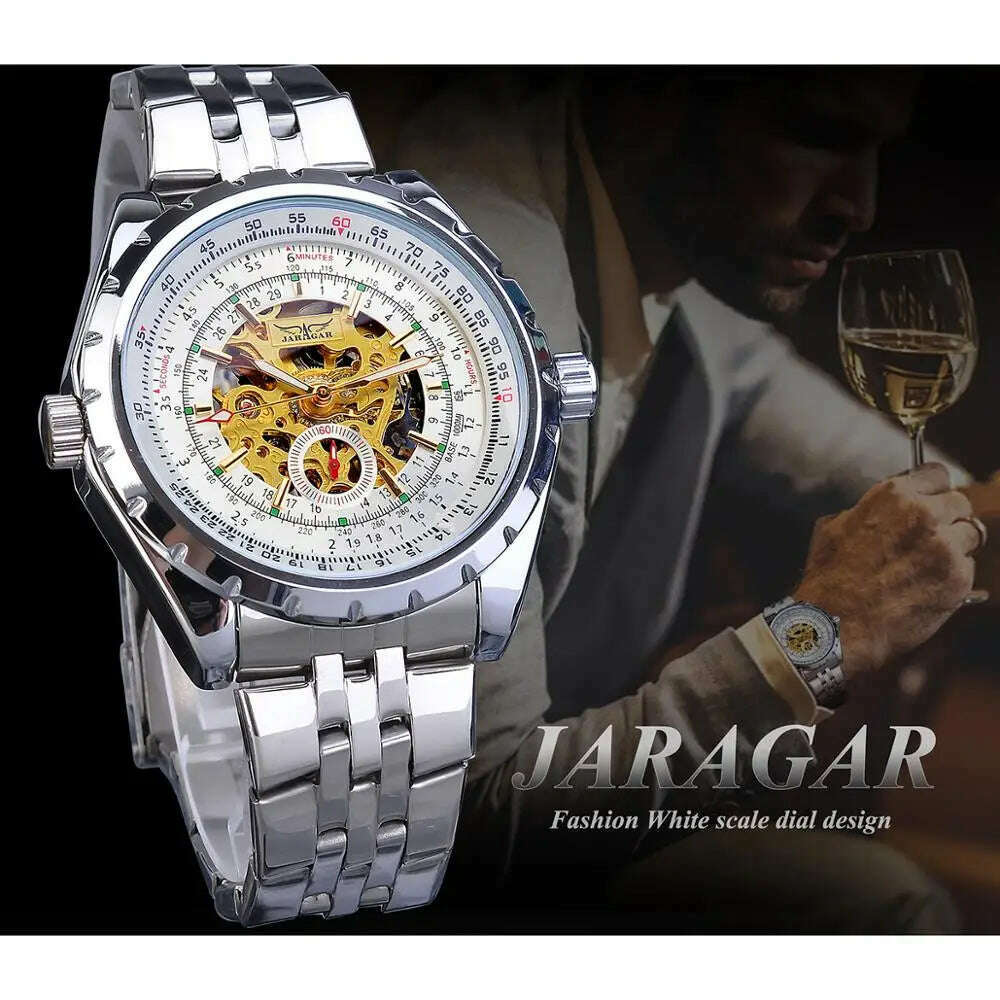 KIMLUD, Jaragar Brand Classic Automatic Mens Watch Relojes Hombre Silver Skeleton Steel Sport Business Mechanical Clock Watches Relogio, KIMLUD Womens Clothes