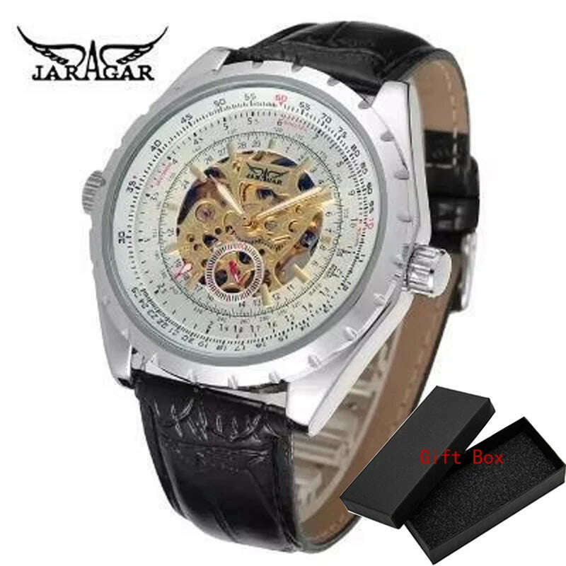 KIMLUD, Jaragar Brand Classic Automatic Mens Watch Relojes Hombre Silver Skeleton Steel Sport Business Mechanical Clock Watches Relogio, Leather White, KIMLUD APPAREL - Womens Clothes