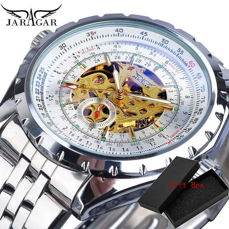 KIMLUD, Jaragar Brand Classic Automatic Mens Watch Relojes Hombre Silver Skeleton Steel Sport Business Mechanical Clock Watches Relogio, Steel White, KIMLUD APPAREL - Womens Clothes