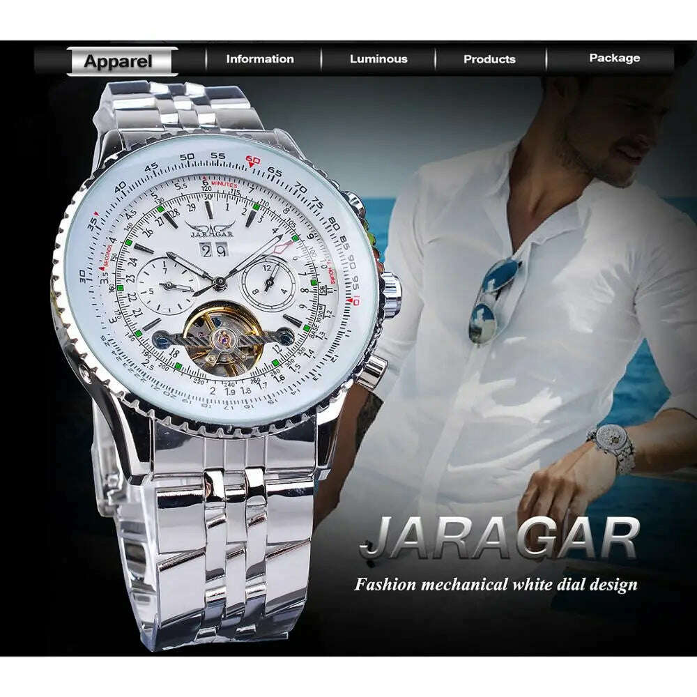 KIMLUD, Jaragar Classic Tourbillon Men Mechanical Watch White Automatic Calendar Big Dial Stainless Steel Band Military Pilot Wristwatch, KIMLUD Womens Clothes
