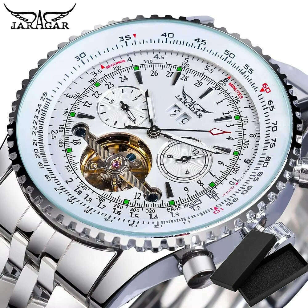 KIMLUD, Jaragar Classic Tourbillon Men Mechanical Watch White Automatic Calendar Big Dial Stainless Steel Band Military Pilot Wristwatch, Silver White, KIMLUD APPAREL - Womens Clothes
