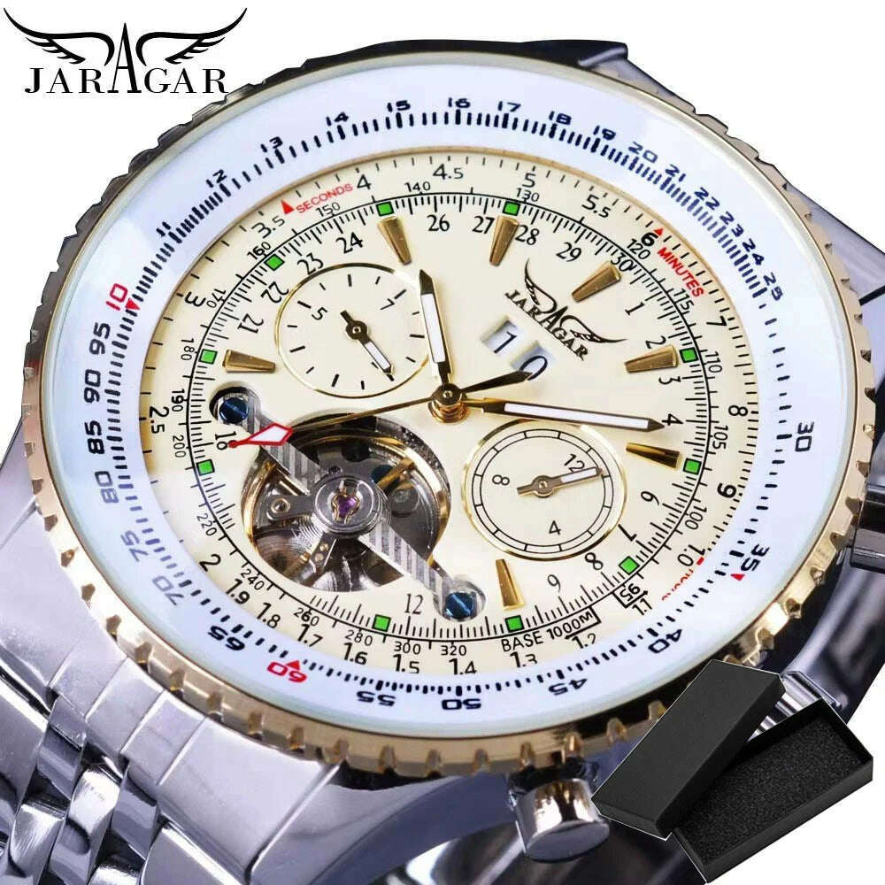 KIMLUD, Jaragar Classic Tourbillon Men Mechanical Watch White Automatic Calendar Big Dial Stainless Steel Band Military Pilot Wristwatch, Silver Gold White, KIMLUD APPAREL - Womens Clothes