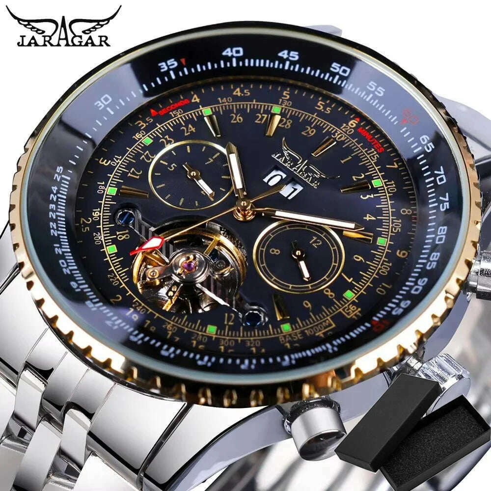 KIMLUD, Jaragar Classic Tourbillon Men Mechanical Watch White Automatic Calendar Big Dial Stainless Steel Band Military Pilot Wristwatch, Silver Gold Black, KIMLUD APPAREL - Womens Clothes