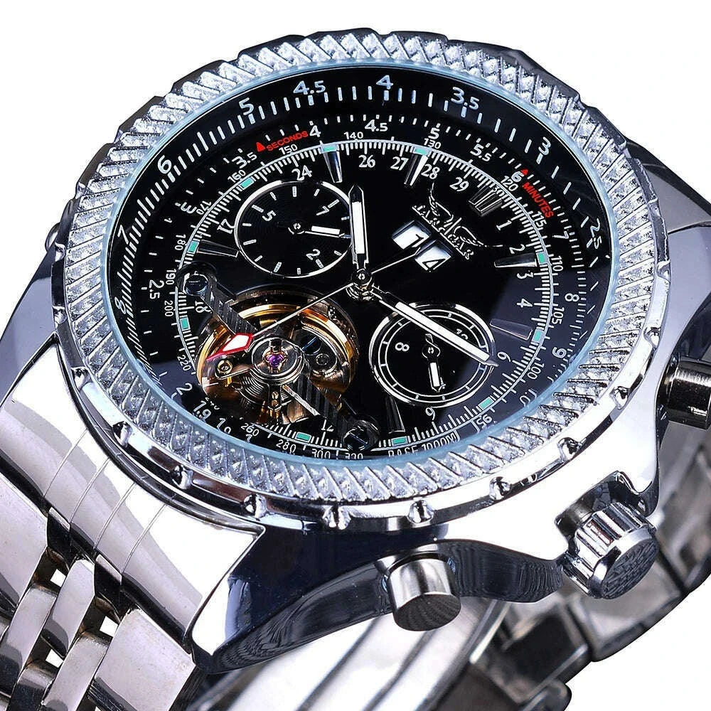 KIMLUD, Jaragar Men's Golden Automatic Self-Wind Watch Big Dial Calendar Function Relogio Masculino Mechanical Watches Steel Strap Clock, GMT1105-6, KIMLUD APPAREL - Womens Clothes