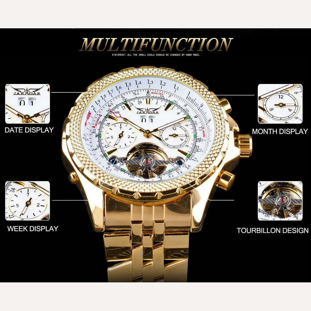 KIMLUD, Jaragar Men's Golden Automatic Self-Wind Watch Big Dial Calendar Function Relogio Masculino Mechanical Watches Steel Strap Clock, KIMLUD Womens Clothes