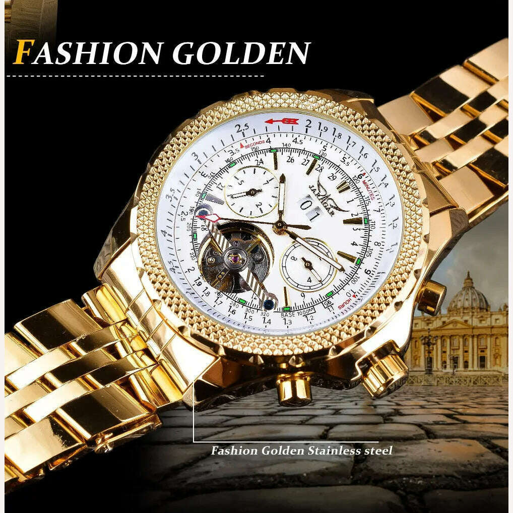 KIMLUD, Jaragar Men's Golden Automatic Self-Wind Watch Big Dial Calendar Function Relogio Masculino Mechanical Watches Steel Strap Clock, KIMLUD Womens Clothes