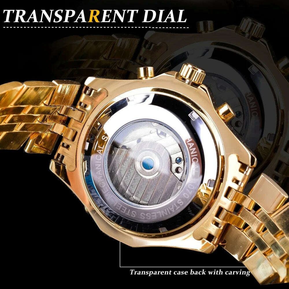 KIMLUD, Jaragar Men's Golden Automatic Self-Wind Watch Big Dial Calendar Function Relogio Masculino Mechanical Watches Steel Strap Clock, KIMLUD Womens Clothes
