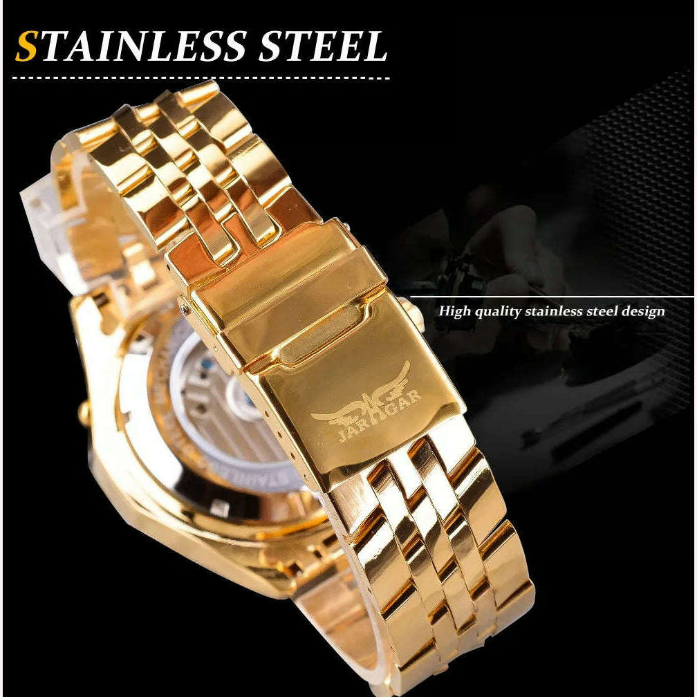 KIMLUD, Jaragar Men's Golden Automatic Self-Wind Watch Big Dial Calendar Function Relogio Masculino Mechanical Watches Steel Strap Clock, KIMLUD Womens Clothes