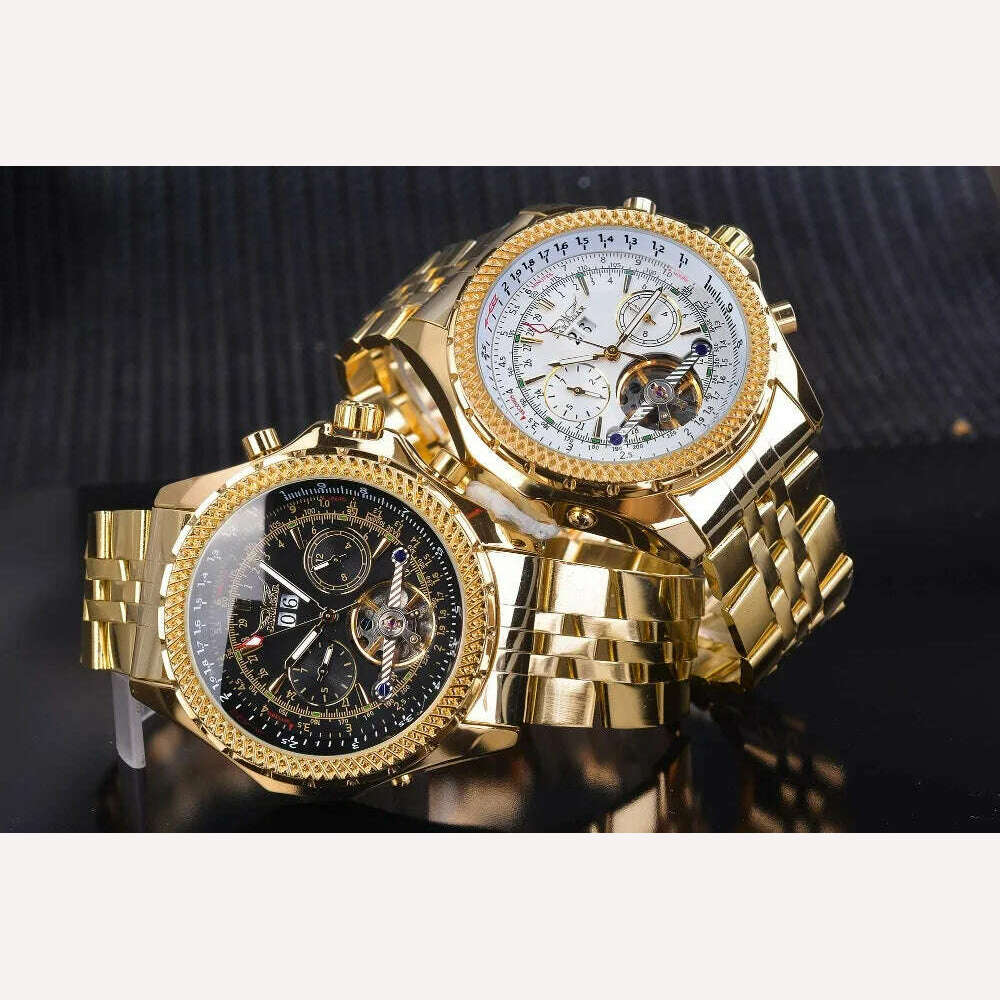 KIMLUD, Jaragar Men's Golden Automatic Self-Wind Watch Big Dial Calendar Function Relogio Masculino Mechanical Watches Steel Strap Clock, KIMLUD Womens Clothes