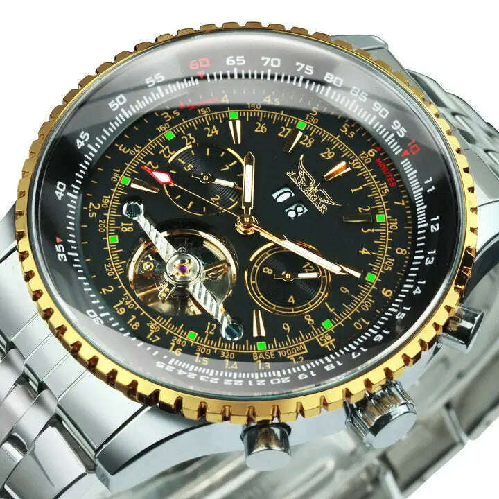 KIMLUD, Jaragar Military Sports Mechanical Watches Multifunction Tourbillon Automatic Watch for Men Fashion Stainless Steel Strap Clock, GOLDEN-BLACK / CHINA, KIMLUD APPAREL - Womens Clothes