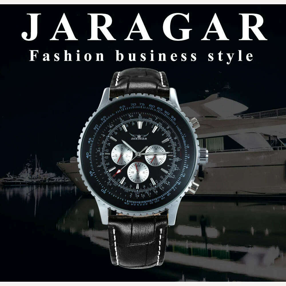 Jaragar Pilot Watch for Men Fashion Multifunction Three Dials Sports Automatic Mechanical Watches Black Leather Strap Luminous - KIMLUD