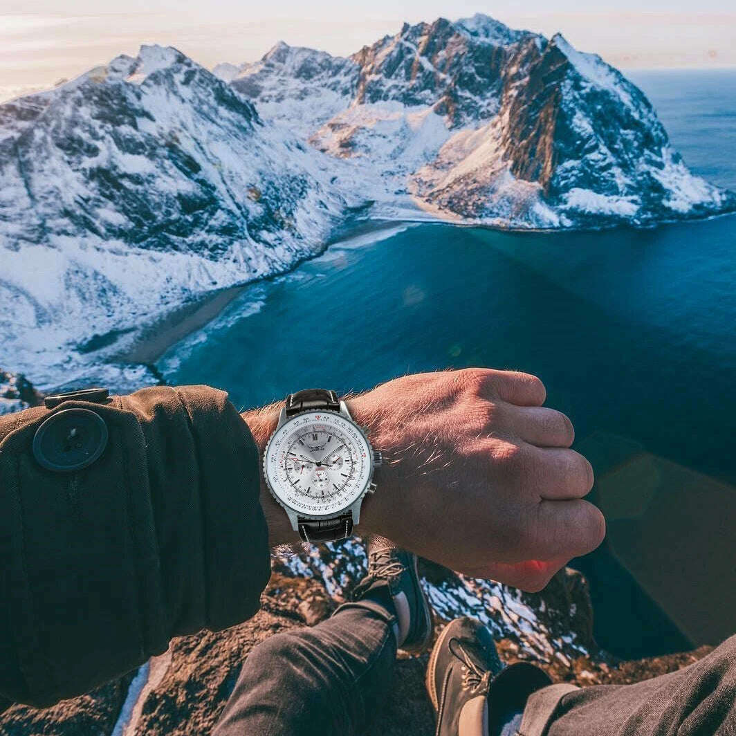 Jaragar Pilot Watch for Men Fashion Multifunction Three Dials Sports Automatic Mechanical Watches Black Leather Strap Luminous - KIMLUD