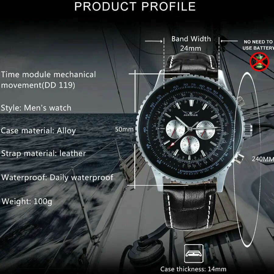 Jaragar Pilot Watch for Men Fashion Multifunction Three Dials Sports Automatic Mechanical Watches Black Leather Strap Luminous - KIMLUD