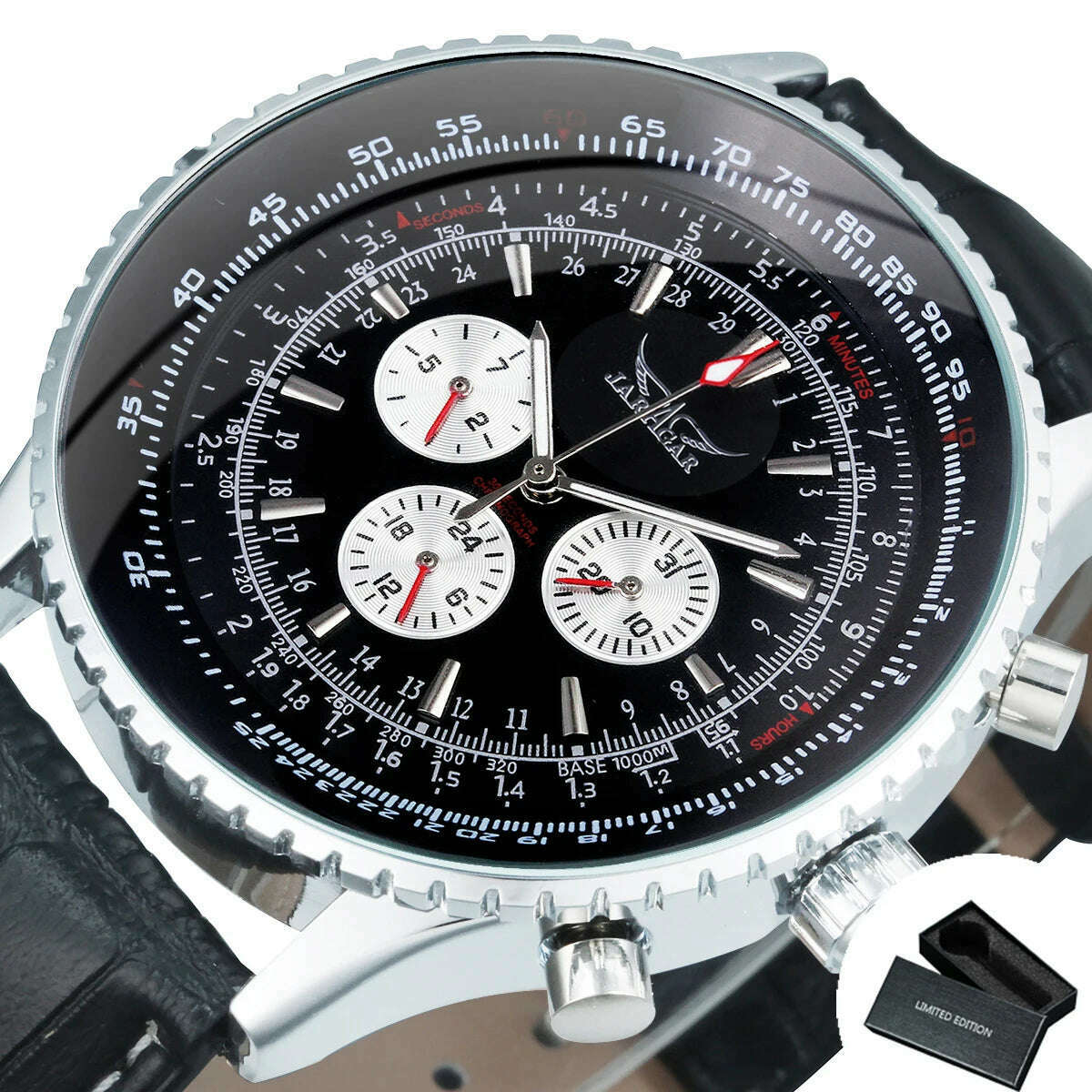 Jaragar Pilot Watch for Men Fashion Multifunction Three Dials Sports Automatic Mechanical Watches Black Leather Strap Luminous - KIMLUD