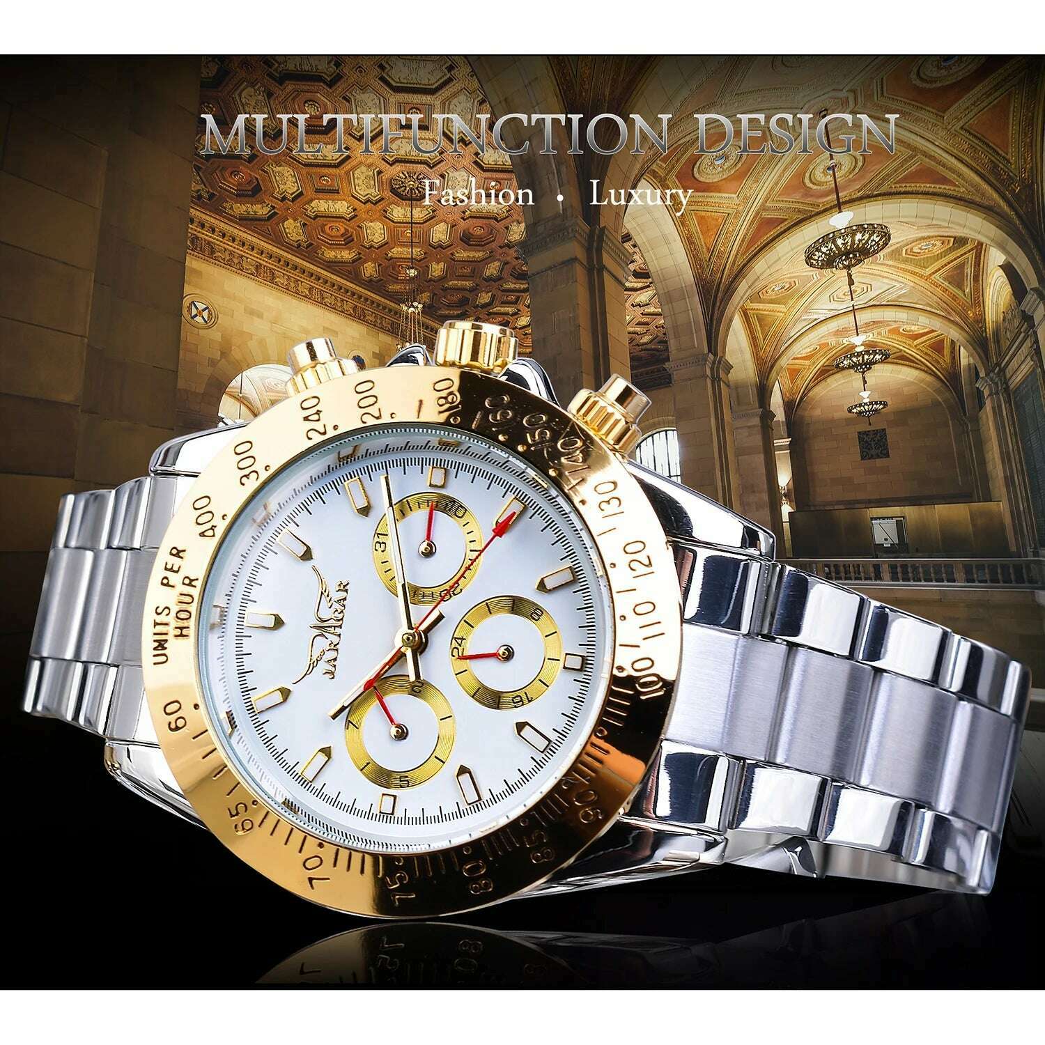 KIMLUD, Jaragar Relogio Masculino Watch Men 2019 Golden Big Dial Calendar Display Automatic Steel Wrist Watches Mechanical Clock For Men, KIMLUD Womens Clothes