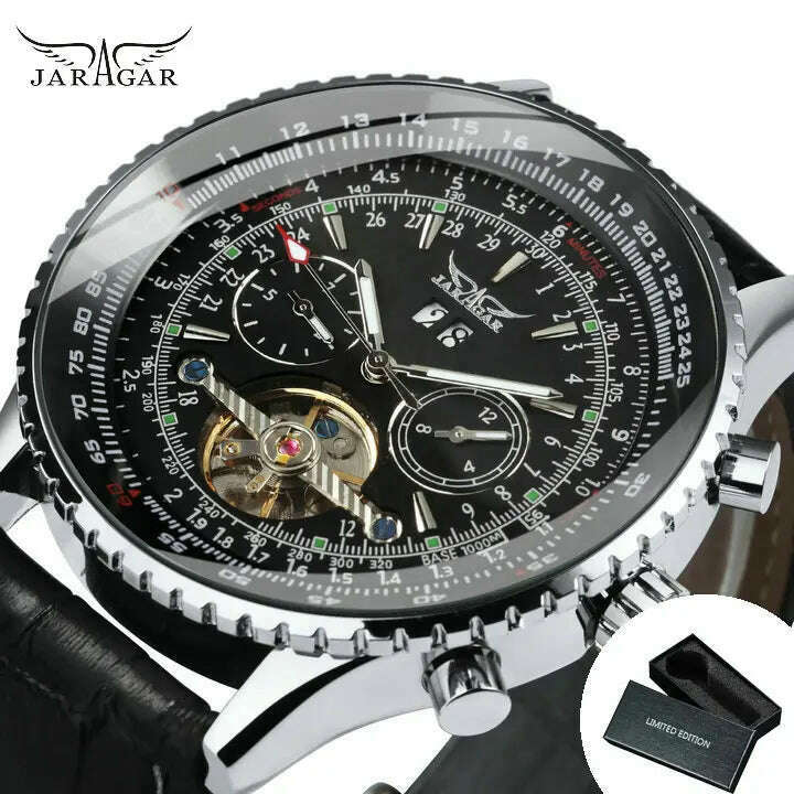 KIMLUD, JARAGAR Tourbillon Automatic Watch for Men Multifunction Sub-Dials Military Sports Mechanical Watches Luxury Leather Strap New, BOX LEATHER BLACK, KIMLUD APPAREL - Womens Clothes