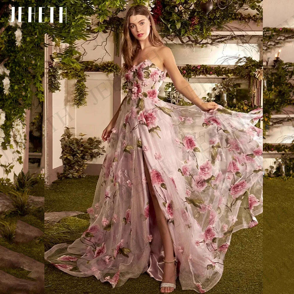 JEHETH Prom Dresses For Women 2023 Pink Floral Print Split Party Elegant Strapless A Line Evening Gown Fairy فساتين مناسبة رسمية - KIMLUD