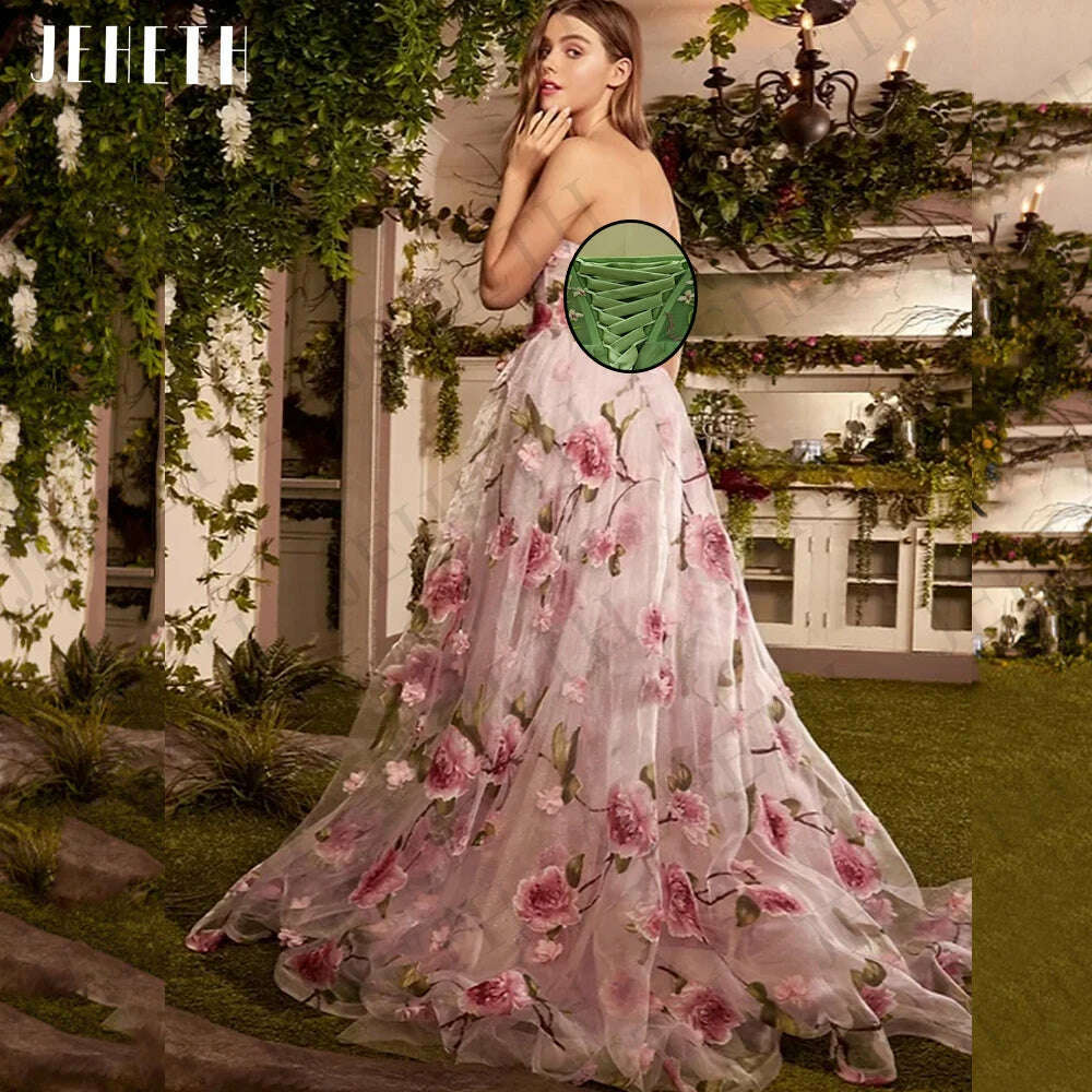 JEHETH Prom Dresses For Women 2023 Pink Floral Print Split Party Elegant Strapless A Line Evening Gown Fairy فساتين مناسبة رسمية - KIMLUD