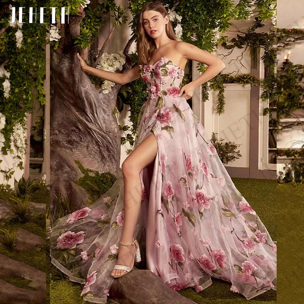JEHETH Prom Dresses For Women 2023 Pink Floral Print Split Party Elegant Strapless A Line Evening Gown Fairy فساتين مناسبة رسمية - KIMLUD