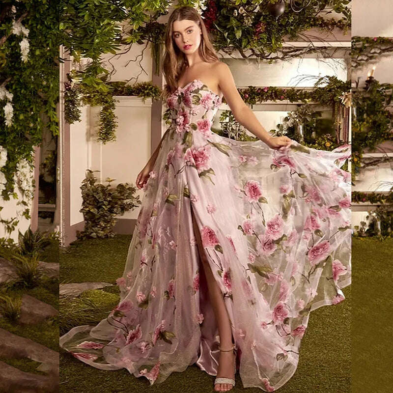 JEHETH Prom Dresses For Women 2023 Pink Floral Print Split Party Elegant Strapless A Line Evening Gown Fairy فساتين مناسبة رسمية - KIMLUD