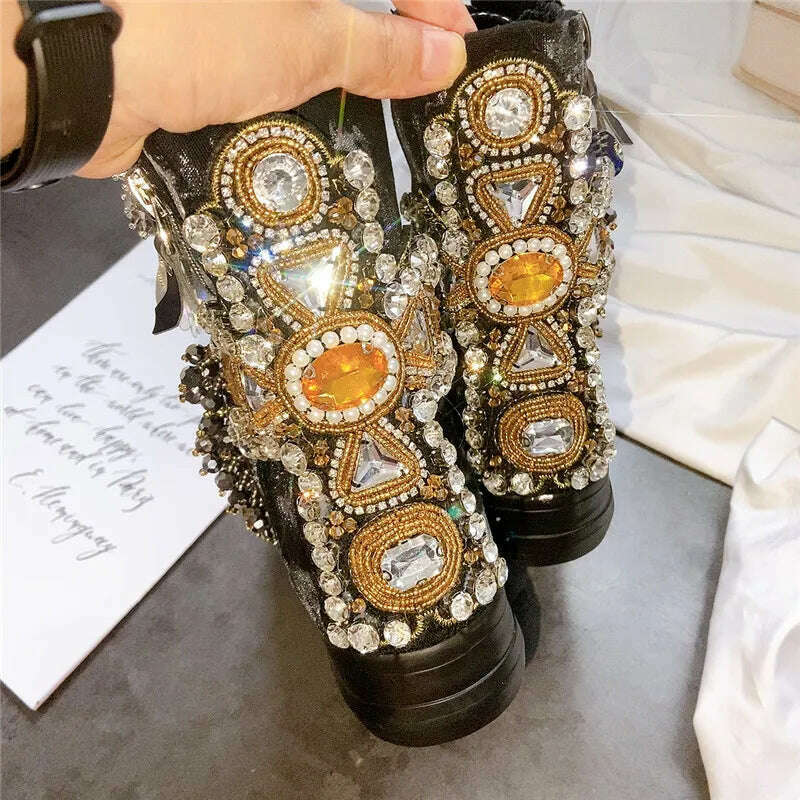 KIMLUD, JELLYFOND Women Canvas Shoes Flat Sneakers Ladies Platform Sneaker Casual High Tops Lace Up Crystal Bling Shoes Female, Black / 35, KIMLUD APPAREL - Womens Clothes