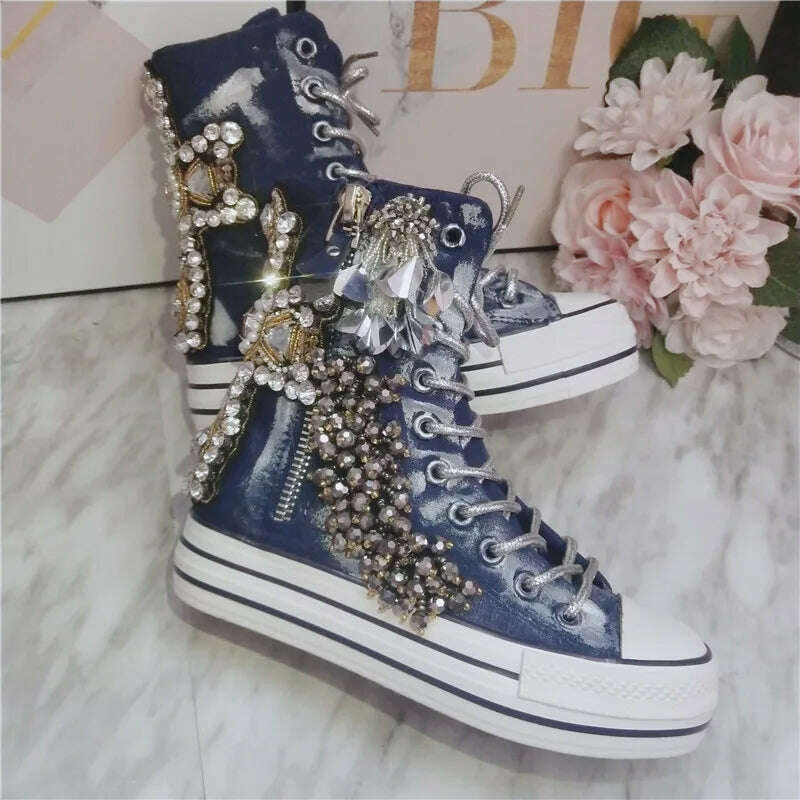 KIMLUD, JELLYFOND Women Canvas Shoes Flat Sneakers Ladies Platform Sneaker Casual High Tops Lace Up Crystal Bling Shoes Female, KIMLUD Womens Clothes