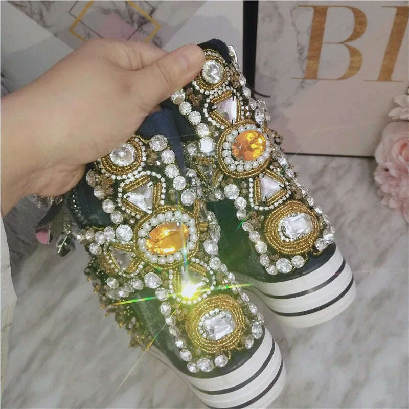 KIMLUD, JELLYFOND Women Canvas Shoes Flat Sneakers Ladies Platform Sneaker Casual High Tops Lace Up Crystal Bling Shoes Female, KIMLUD Womens Clothes