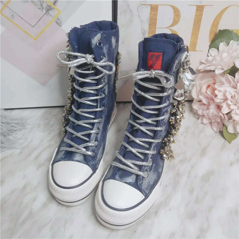 KIMLUD, JELLYFOND Women Canvas Shoes Flat Sneakers Ladies Platform Sneaker Casual High Tops Lace Up Crystal Bling Shoes Female, KIMLUD Womens Clothes