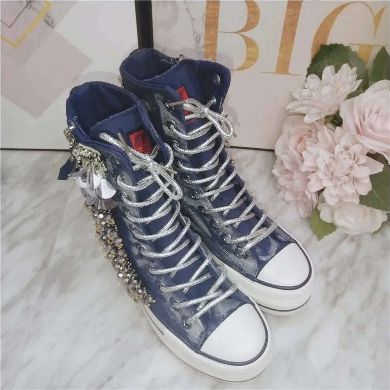 KIMLUD, JELLYFOND Women Canvas Shoes Flat Sneakers Ladies Platform Sneaker Casual High Tops Lace Up Crystal Bling Shoes Female, KIMLUD Womens Clothes