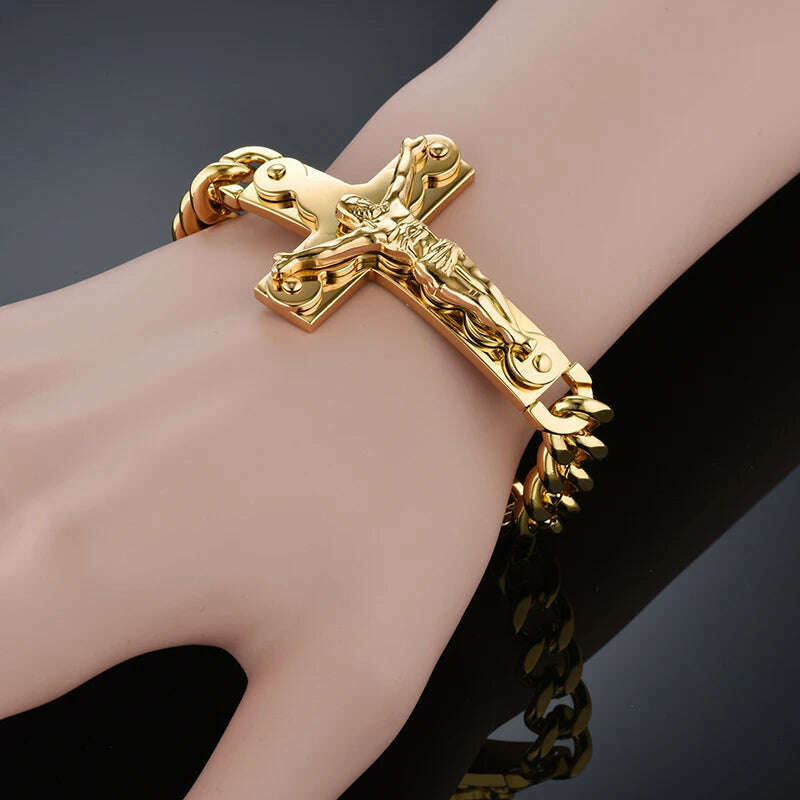 KIMLUD, Jesus Cross Men's 316L Stainless Steel Bracelet Male Wholesale pulseira Mens Braclets Gold Color Wrist Bracelets For Men Jewelry, KIMLUD Womens Clothes