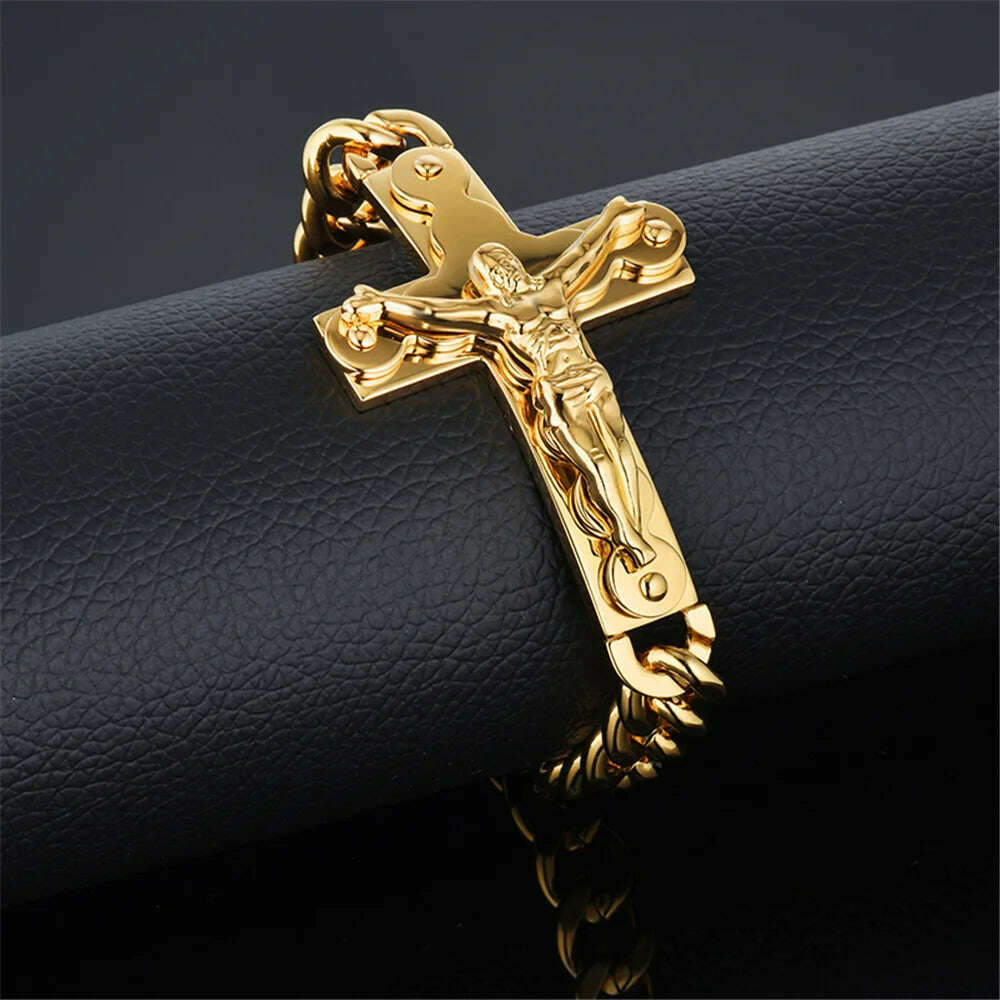 KIMLUD, Jesus Cross Men's 316L Stainless Steel Bracelet Male Wholesale pulseira Mens Braclets Gold Color Wrist Bracelets For Men Jewelry, KIMLUD Womens Clothes