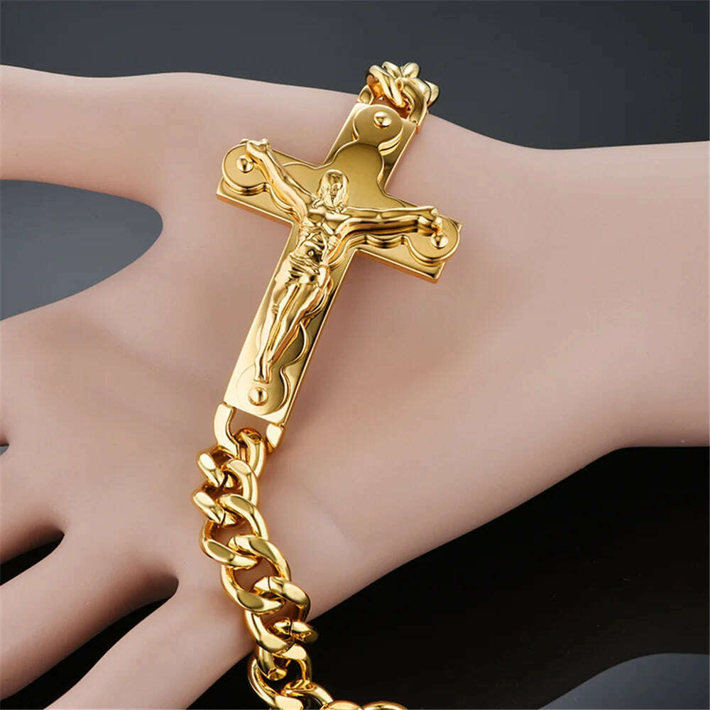 KIMLUD, Jesus Cross Men's 316L Stainless Steel Bracelet Male Wholesale pulseira Mens Braclets Gold Color Wrist Bracelets For Men Jewelry, KIMLUD Womens Clothes