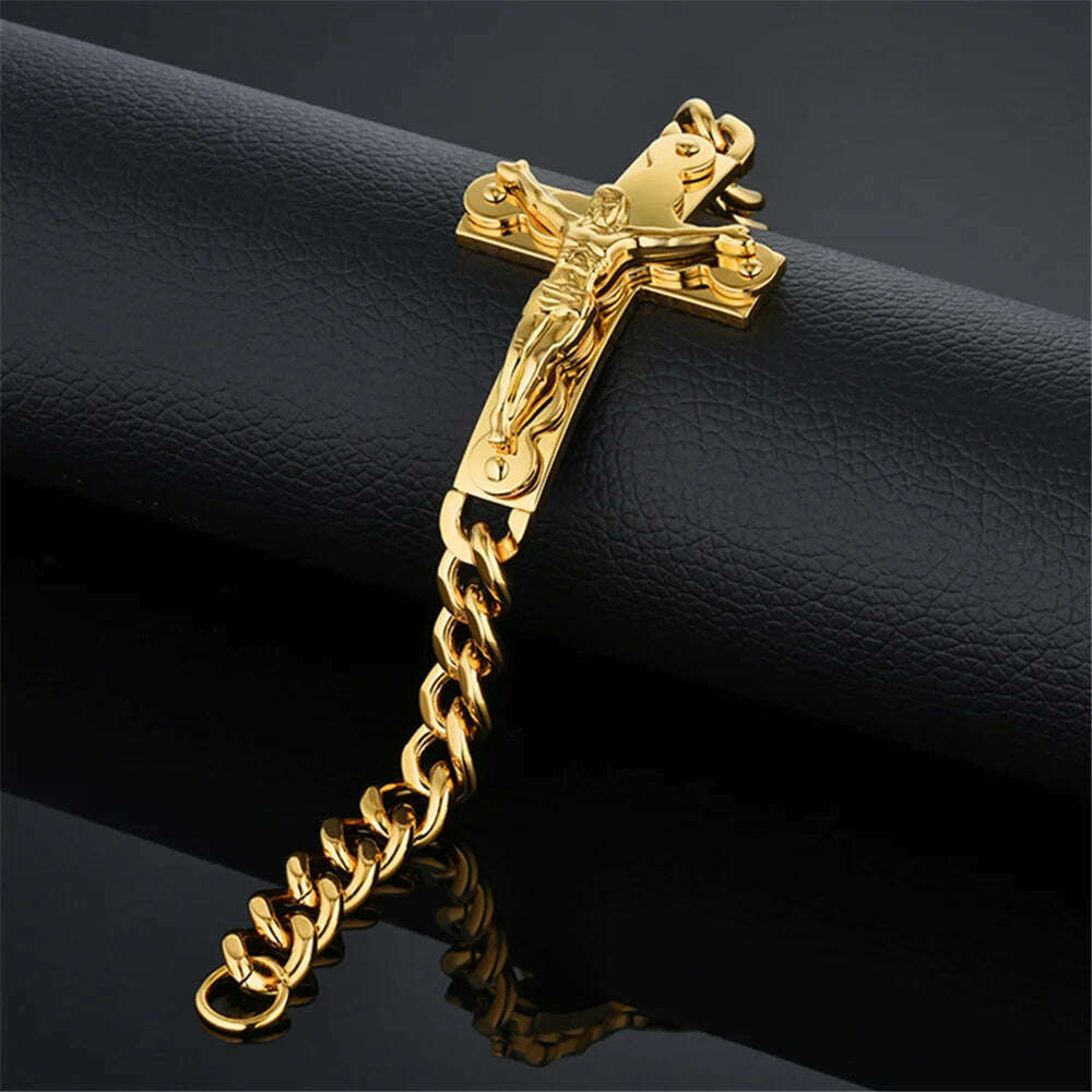 KIMLUD, Jesus Cross Men's 316L Stainless Steel Bracelet Male Wholesale pulseira Mens Braclets Gold Color Wrist Bracelets For Men Jewelry, KIMLUD Womens Clothes