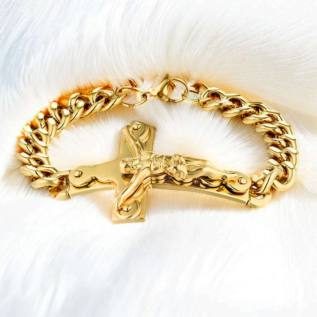KIMLUD, Jesus Cross Men's 316L Stainless Steel Bracelet Male Wholesale pulseira Mens Braclets Gold Color Wrist Bracelets For Men Jewelry, KIMLUD Womens Clothes