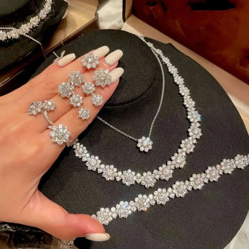 Jewelry Set - Flower Zircon - Sterling Silver - Silver | KIMLUD